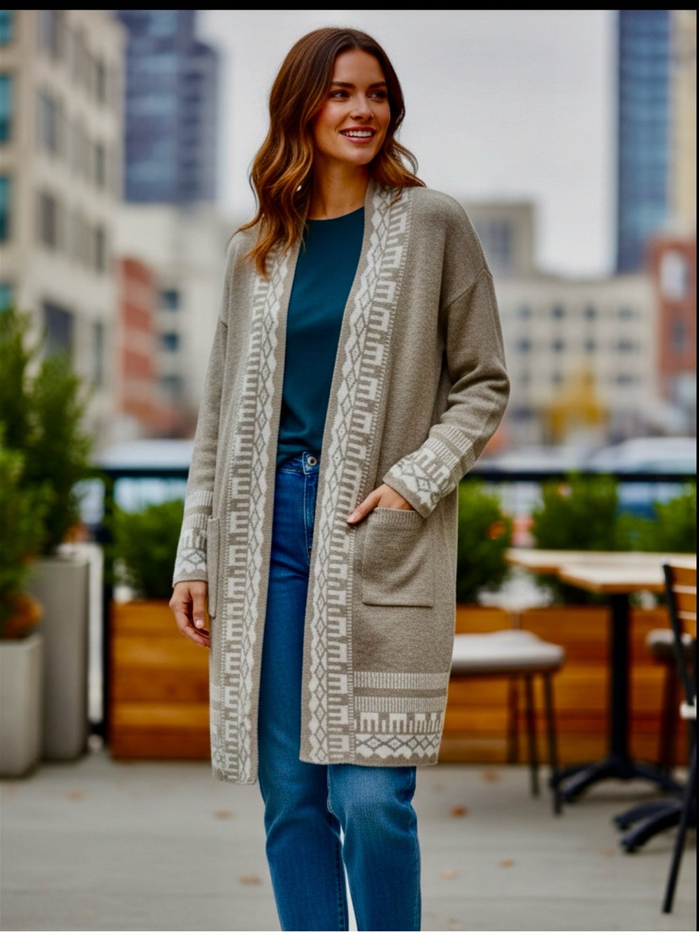 NWT John Paul Richard Gray Fair Isle Open Front Cardigan Sweater Pockets Size L